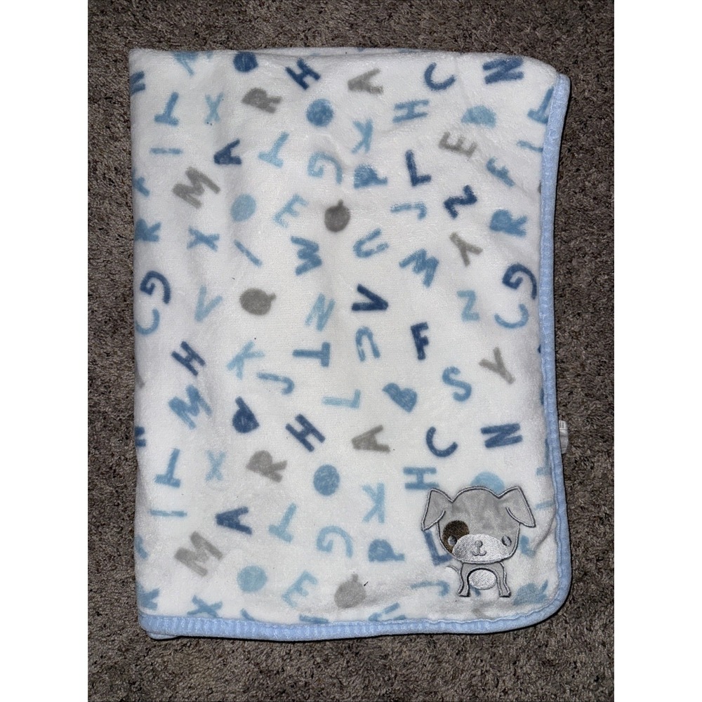 S.L.  Home Fashions Baby Blanket Blue Boy Letters Gray Puppy Dog‎ Embroidered